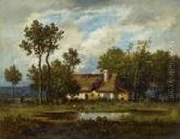 Landschaft Mit Haus Und Weiher. Oil Painting by Leon Richet