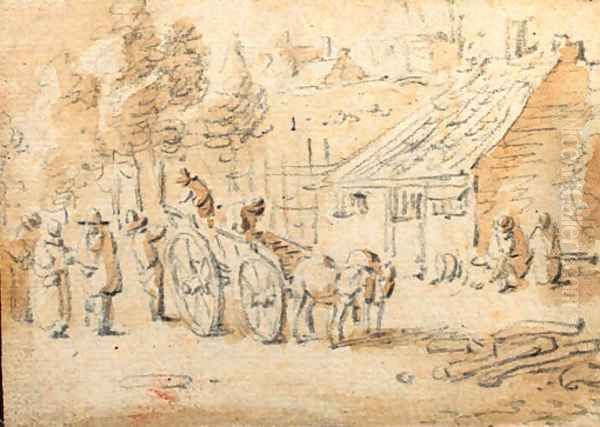 A horse-drawn cart with figures by a village Oil Painting by Herman Saftleven