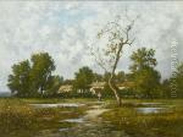 Figure In A Country Landscape Oil Painting by Leon Richet