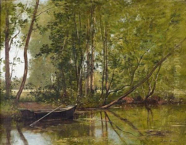 Sommerliche Waldlandschaft Mit Weiher. Oil Painting by Leon Richet