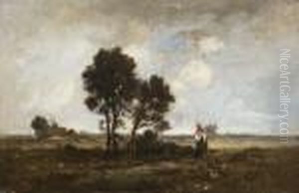 Reisigsammlerin Bei Einer
 Baumgruppe In Weiter Landschaft. Oil Painting by Leon Richet