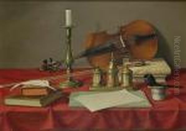 A Table Still Life With Violin Oil Painting by Leon Richet