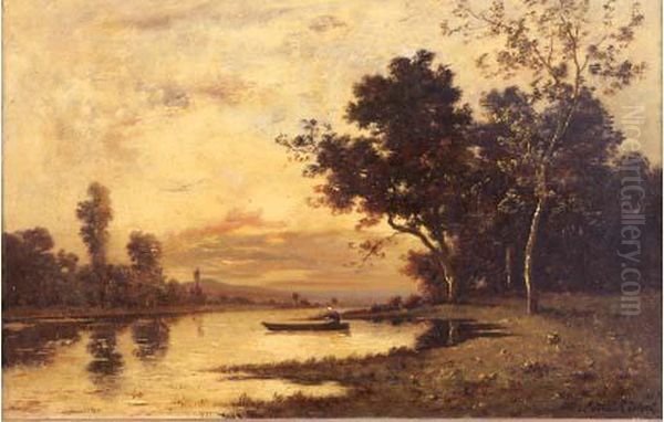 Paysage A La Barque Avec Un Personnage Sur Une Riviere Au Crepuscule Oil Painting by Leon Richet