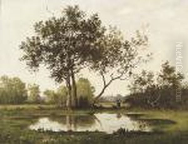 A Pond With Lonely Figure Oil Painting by Leon Richet