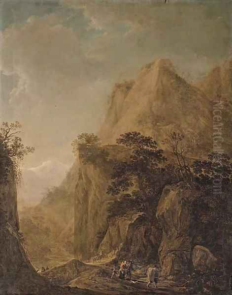 A rocky landscape with travellers on a path and peasants by a lake Oil Painting by Herman Saftleven