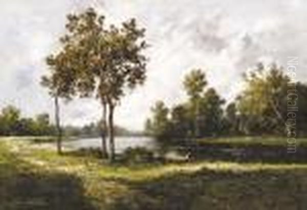 Pecheurs Au Bord D'un Lac Oil Painting by Leon Richet