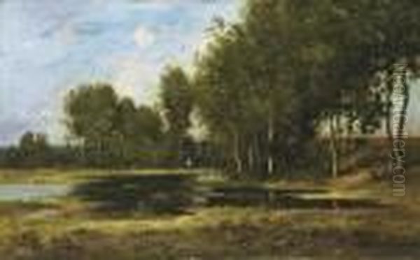 A Figure In A Wooded Landscape At Sunset Oil Painting by Leon Richet