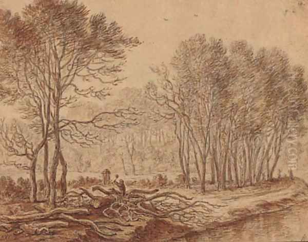 A stand of trees by a river with a woodcutter chopping logs Oil Painting by Herman Saftleven