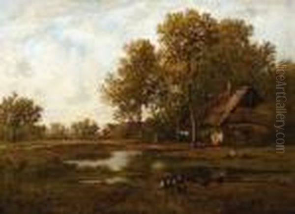 Farmhouse By A Pond On The Brink Of The Woods Oil Painting by Leon Richet