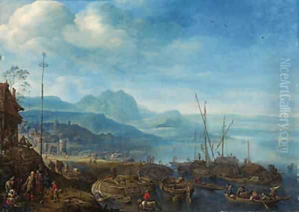 A view of Linz am Rhein, with barges unloading at a quay, an inn nearby Oil Painting by Herman Saftleven