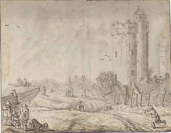 Figures by the city wall of Utrecht with the Bijlhouwertoren to the right Oil Painting by Herman Saftleven