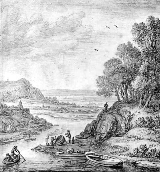 A Rhenish Landscape with Fishermen tarring a Boat, near Linz Oil Painting by Herman Saftleven