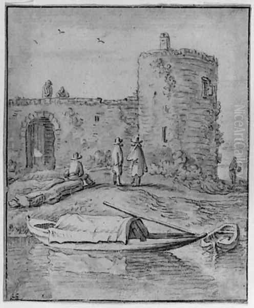 Boats moored outside a City Wall with Figures near a Gate Oil Painting by Herman Saftleven