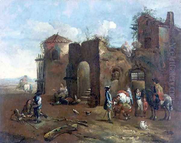 Travellers halted at a rustic farriers Oil Painting by Francesco Simonini