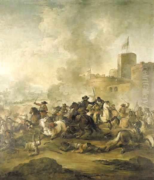 A cavalry battle outside a castle, a town beyond Oil Painting by Francesco Simonini