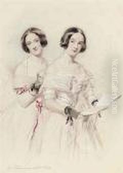 Portrait Study Of Two Young Ladies Dressed For The Opera Oil Painting by George Richmond