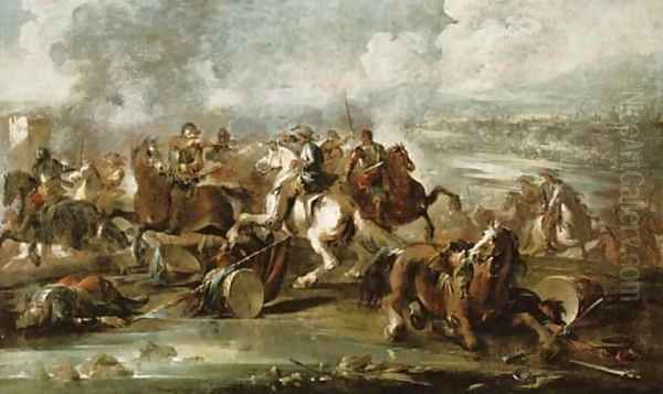 A cavalry skirmish on a riverbank, a city beyond Oil Painting by Francesco Simonini