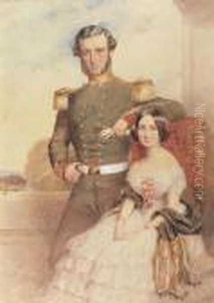 Portrait Of An Army Officer And His Wife On A Terrace Oil Painting by George Richmond