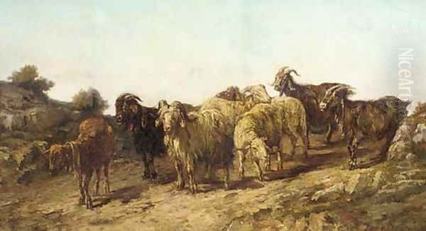 Goats and sheep in a rough terrain Oil Painting by Francesco Simonini