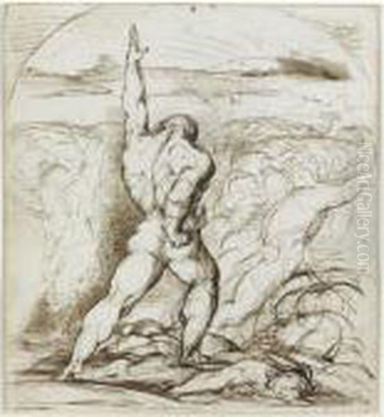 Samson Slaying The Philistines With The Jawbone Of An Ass Recto;figure Studies Verso Oil Painting by George Richmond