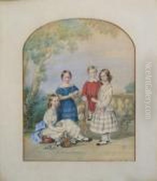 Group Portrait Of Four Children On A Terrace In A Park Oil Painting by George Richmond