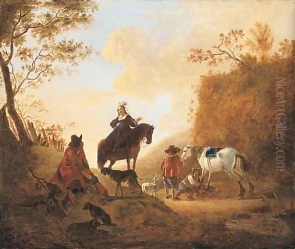 A landscape with hunters resting by a path Oil Painting by Dirck Willemsz. Stoop