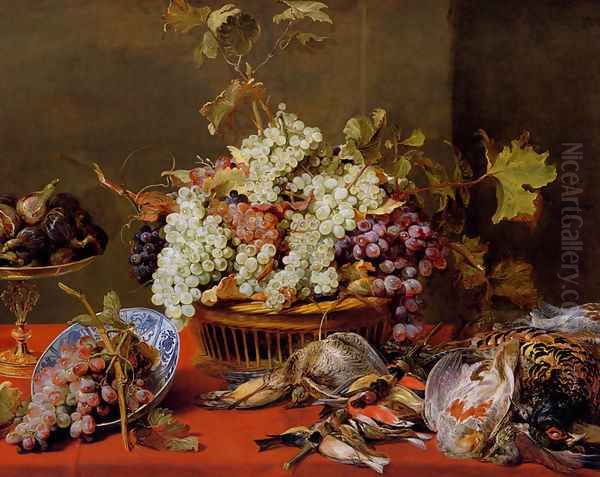 A Still Life Of Grapes In A Basket And A Bunch In A Wan-li 'Kraak' Porcelain Bowl With Figs In A Tazza On A Red Draped Ledge With A Woodstock, Pheasants, A Partridge And Other Birds Oil Painting by Frans Snyders