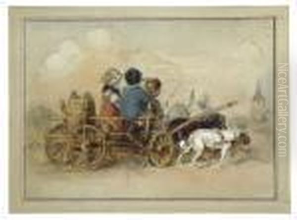 Drei Kinder In Einem Von Hundengezogenen Leiterwagen Oil Painting by Adrian Ludwig Richter