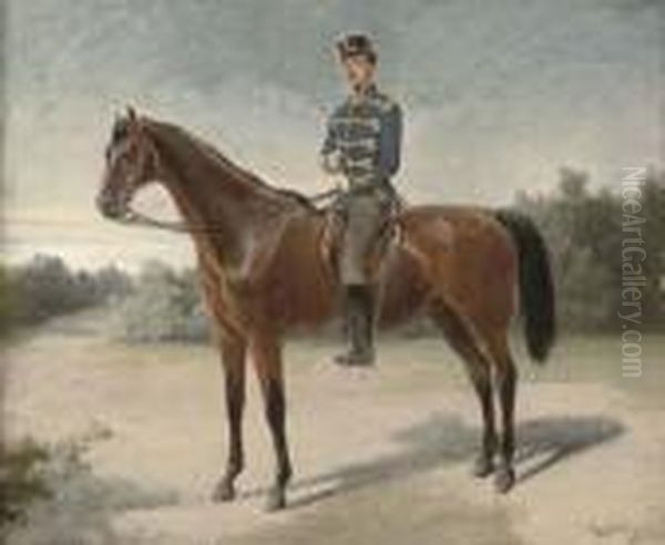 An Austrian Cavalry Officer Oil Painting by Adrian Ludwig Richter