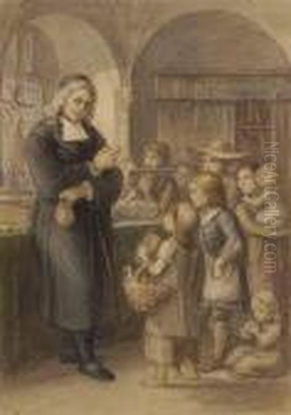 A Reverend Giving Children Alms And Instructions Oil Painting by Adrian Ludwig Richter