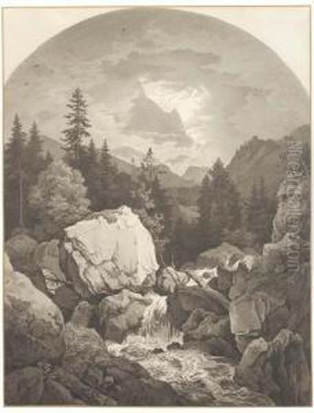 An Extensive Rocky Landscape With A Waterfall, Mountains Seenthrough Clouds Beyond Oil Painting by Adrian Ludwig Richter