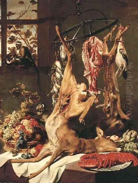 A deer, a fawn and other dead game suspended on hooks, a lobster on a porcelain plate, artichokes and grapes, apples Oil Painting by Frans Snyders