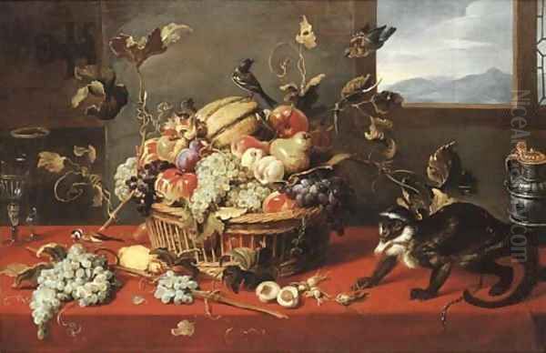 A melon, grapes, apples, pears, peaches and other fruit in a basket, with two facon-de-Venise wineglasses Oil Painting by Frans Snyders