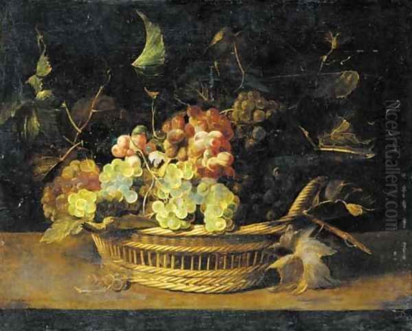 Bunches of grapes in a basket on a ledge Oil Painting by Frans Snyders