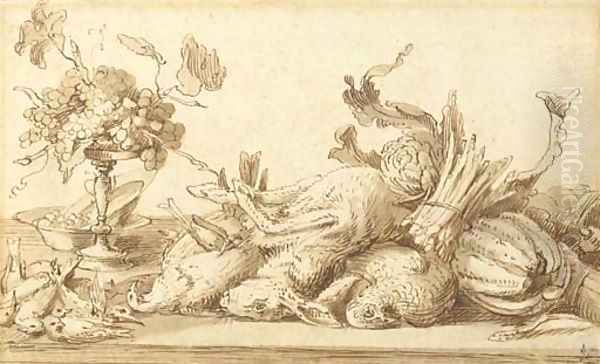 A still life with birds, rabbits and vegetables, with a plate and a tazza with grapes Oil Painting by Frans Snyders