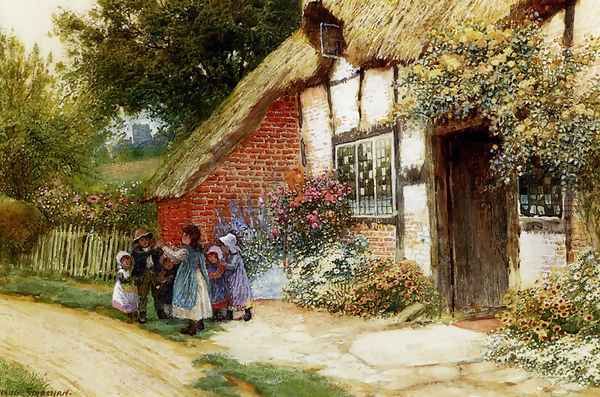 Children Playing Outside A Cottage Oil Painting by Arthur Claude Strachan