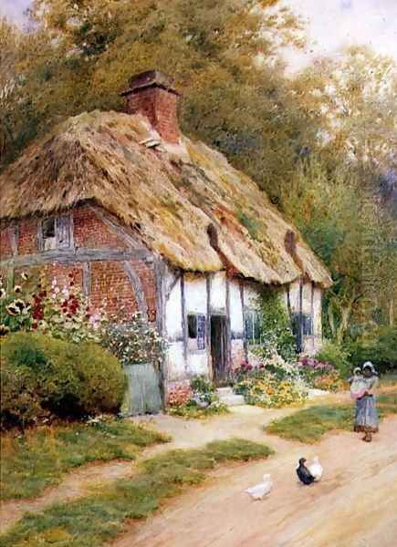 A Young Girl and Ducks by a Thatched Cottage Oil Painting by Arthur Claude Strachan