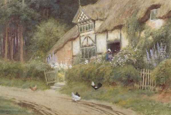 A Young Girl and Chickens by a Cottage Oil Painting by Arthur Claude Strachan