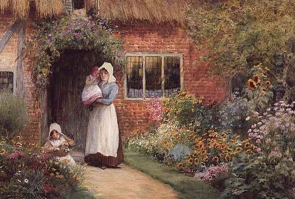 Mother and Children Outside a Cottage Oil Painting by Arthur Claude Strachan