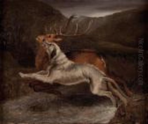 Hirsch Und Jagdhund Beim Sprung Uber Den Wildbach Oil Painting by Johann Elias Ridinger or Riedinger