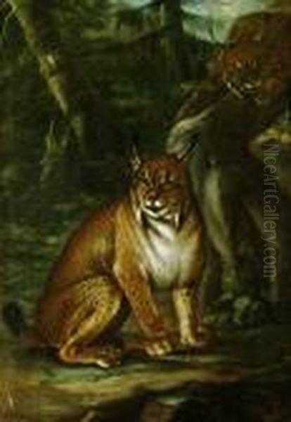 Zwei Luchse Oil Painting by Johann Elias Ridinger or Riedinger