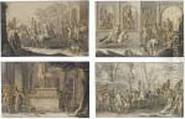 Sixteen Scenes Of The Breaking And Schooling Of Horses Oil Painting by Johann Elias Ridinger or Riedinger