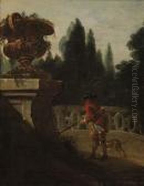 Chasseur Et Son Chien Devant Une Balustrade Oil Painting by Johann Elias Ridinger or Riedinger