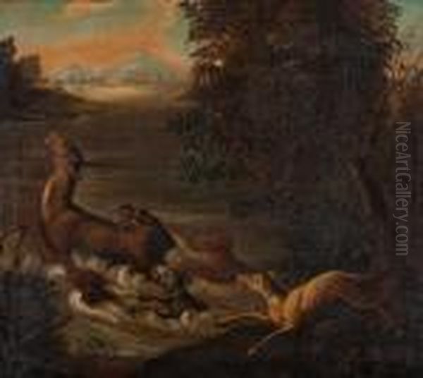 Hundemeute, Ein Reh Im Wasser Stellend Oil Painting by Johann Elias Ridinger or Riedinger