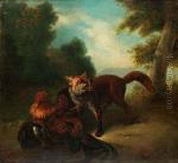 Landskap Med Rav Och Tupp I Strid Oil Painting by Johann Elias Ridinger or Riedinger