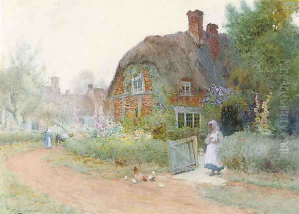 Feeding a hen and her chicks Oil Painting by Arthur Claude Strachan