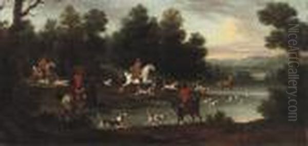 An Extensive Wooded River Landscape With A Hunting Party Pursuing Adeer Oil Painting by Johann Elias Ridinger or Riedinger