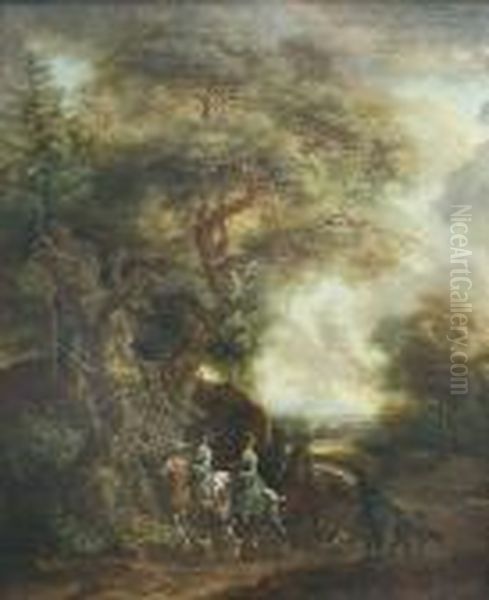 Jagdgesellschaft Zu Pferde Und Hundefuhrer An Einer Wegbiegung Oil Painting by Johann Elias Ridinger or Riedinger