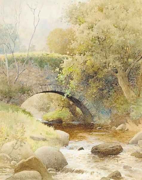 A bridge over a stream in a wooded landscape Oil Painting by Arthur Claude Strachan