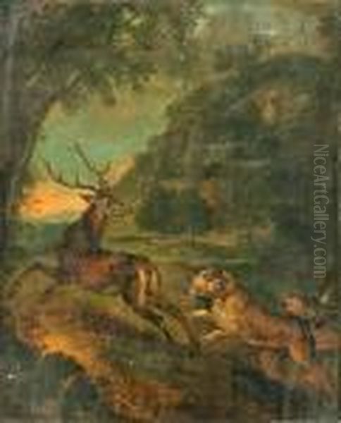 Stag Hunt And Boar Hunt: Two Oil Painting by Johann Elias Ridinger or Riedinger